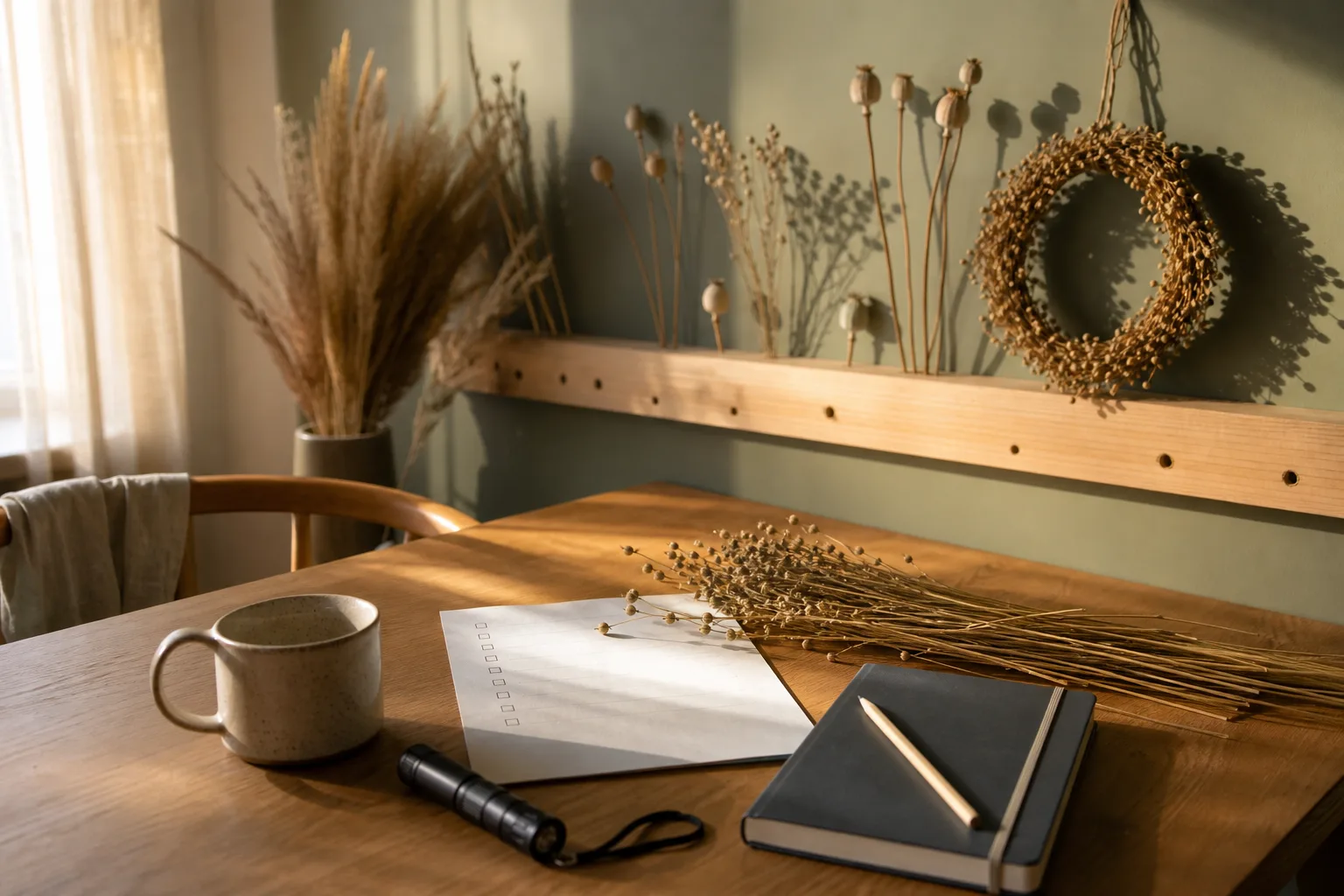 Skrivbord med checklista kaffe och torkat lin