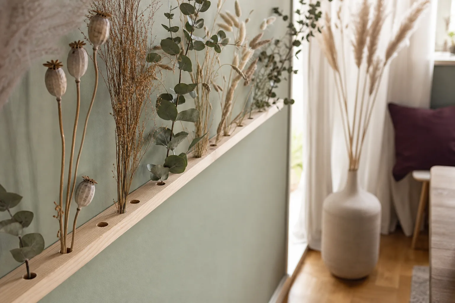 Blomlist med eukalyptus och gräs i lager