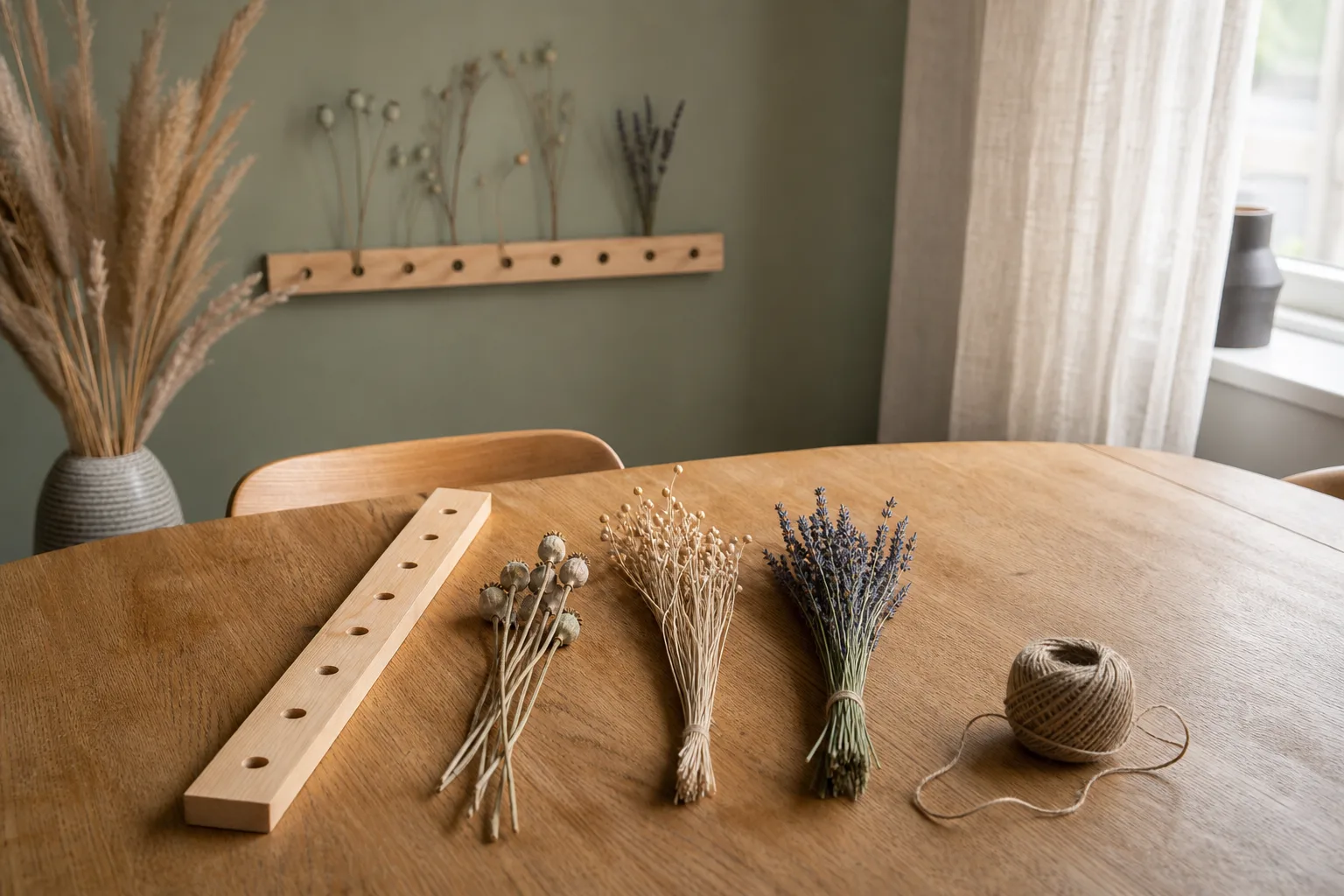 Blomlist och torkade buntar på ekbord