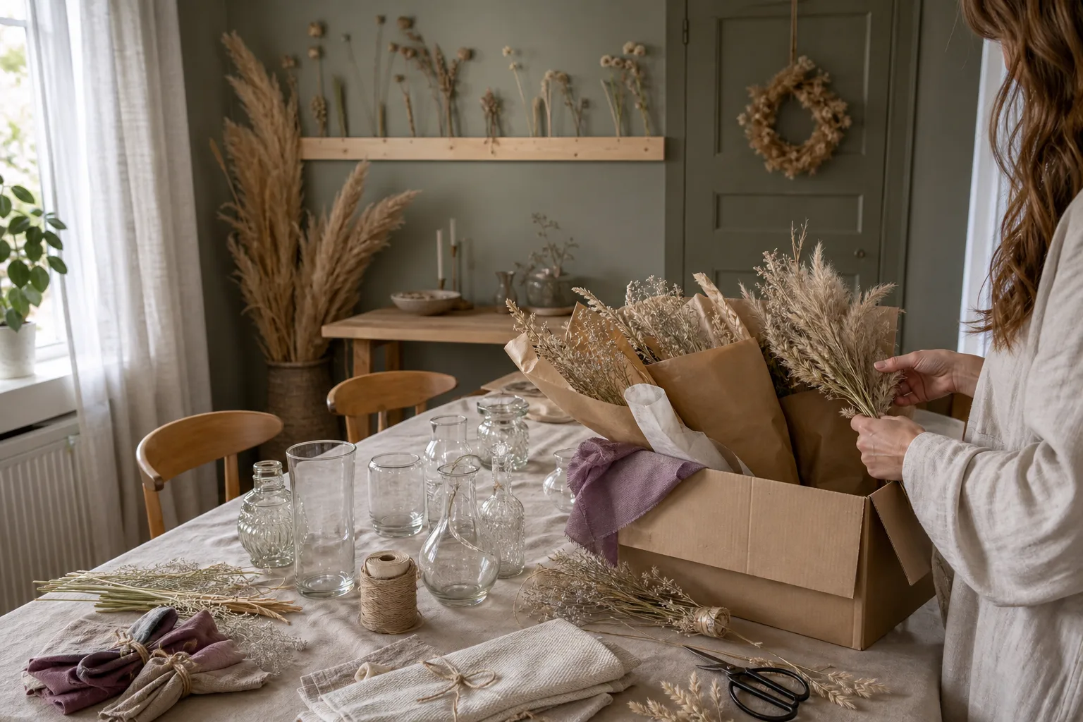 Torkade blommor och pampas på förberett festbord