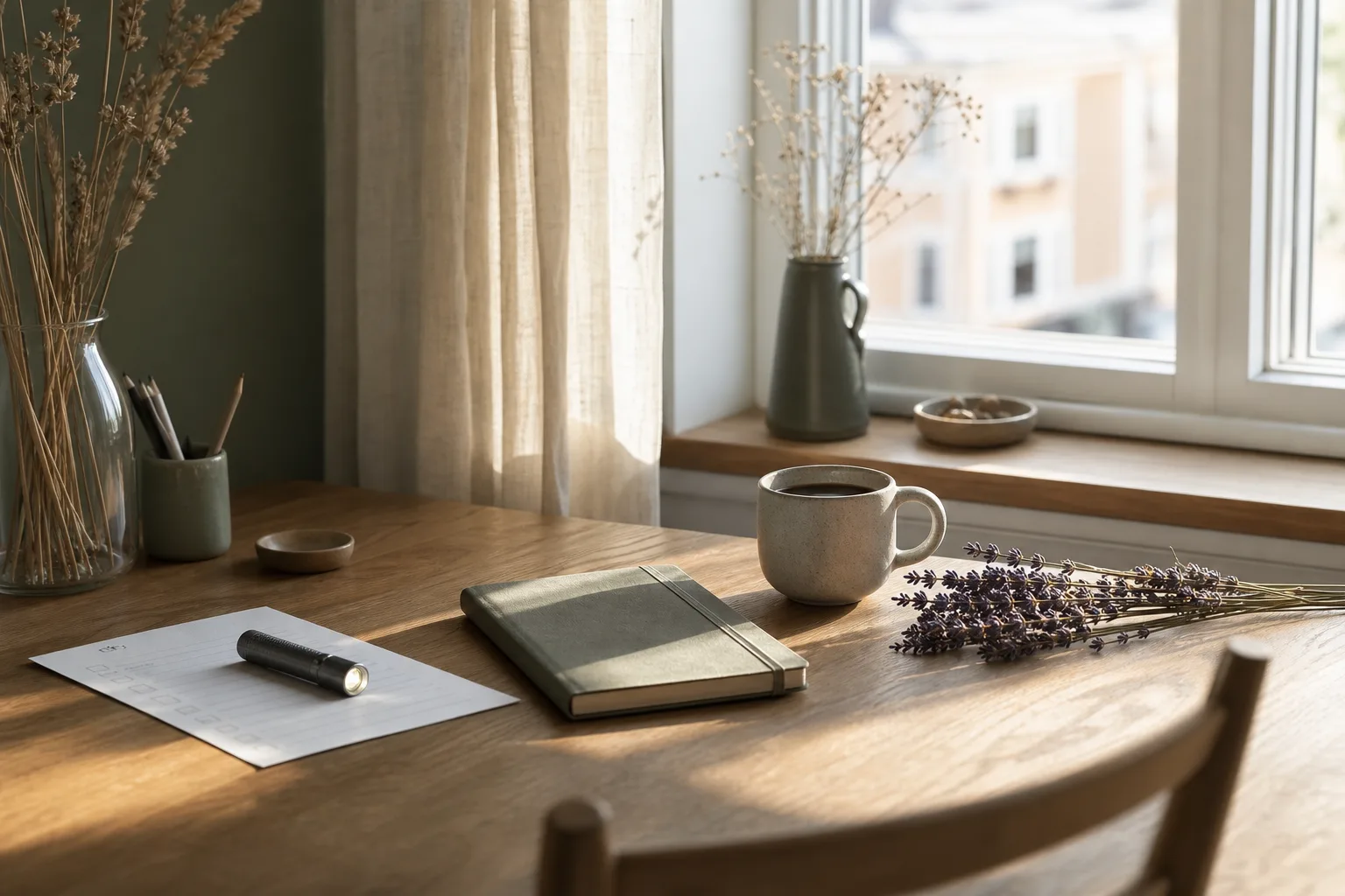 Skrivbord med kaffe och lavendel i morgonljus