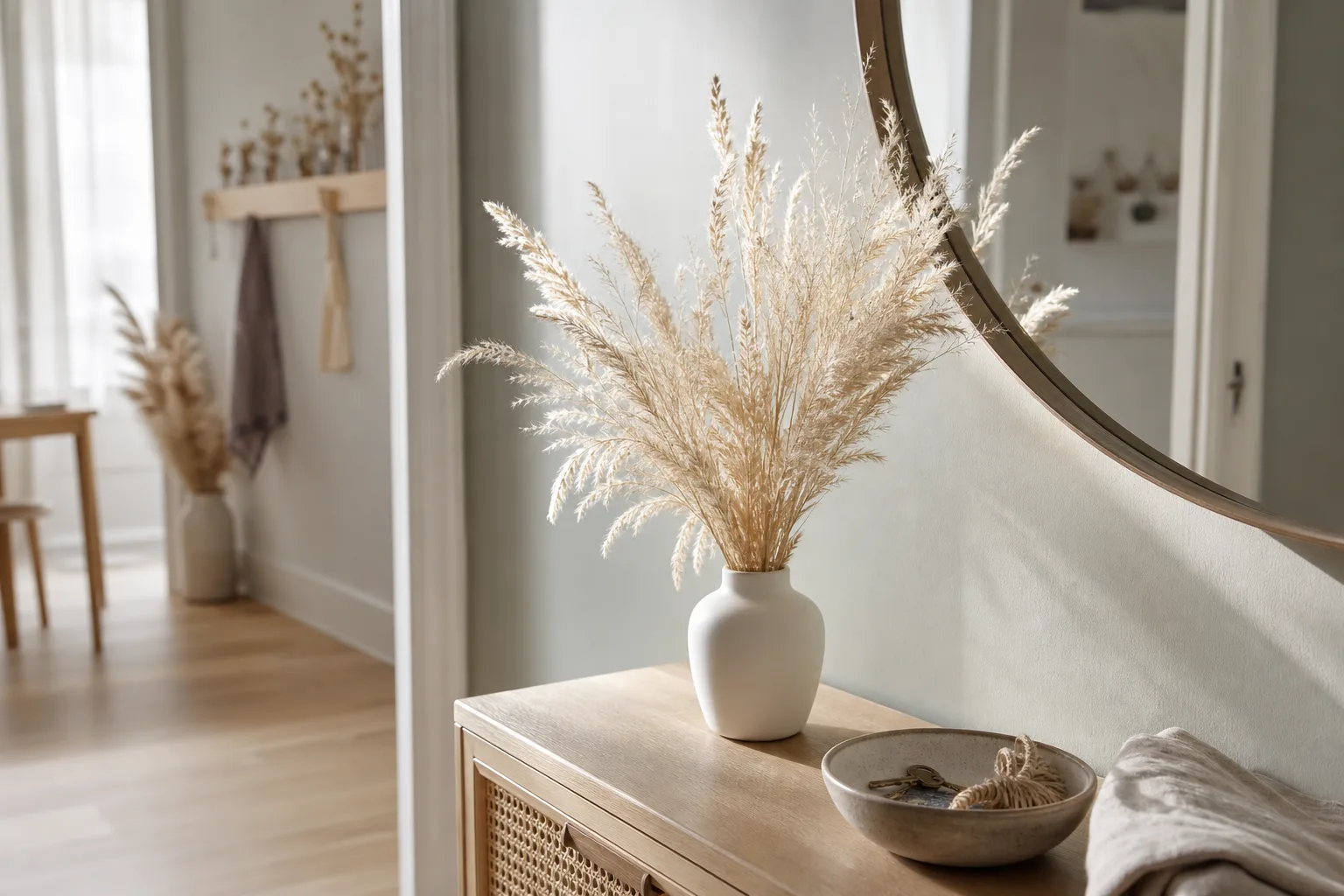 Ljust fjädergräs i liten vas i hall