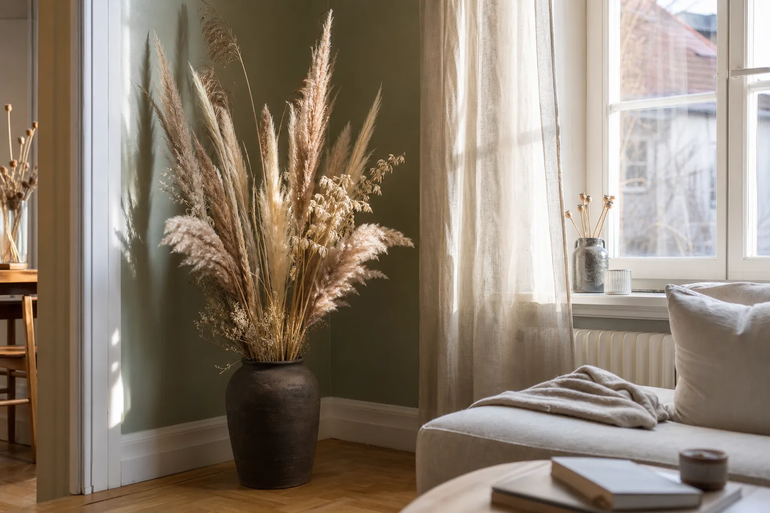 Pampas och vass i hög golvvas vid fönster