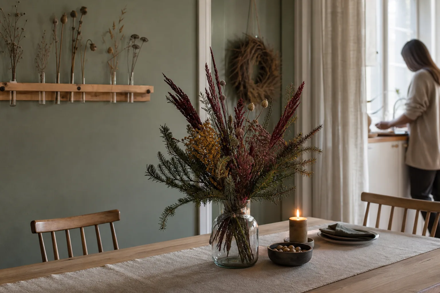 Torkad adventsbukett på matbord i skymning