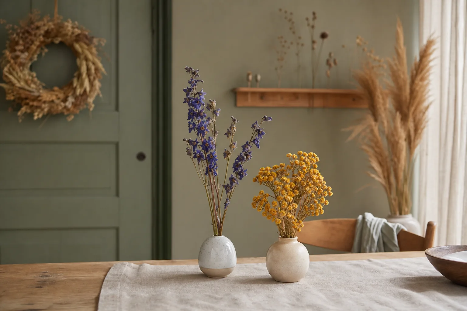 Blå riddarsporre och gula helichrysum