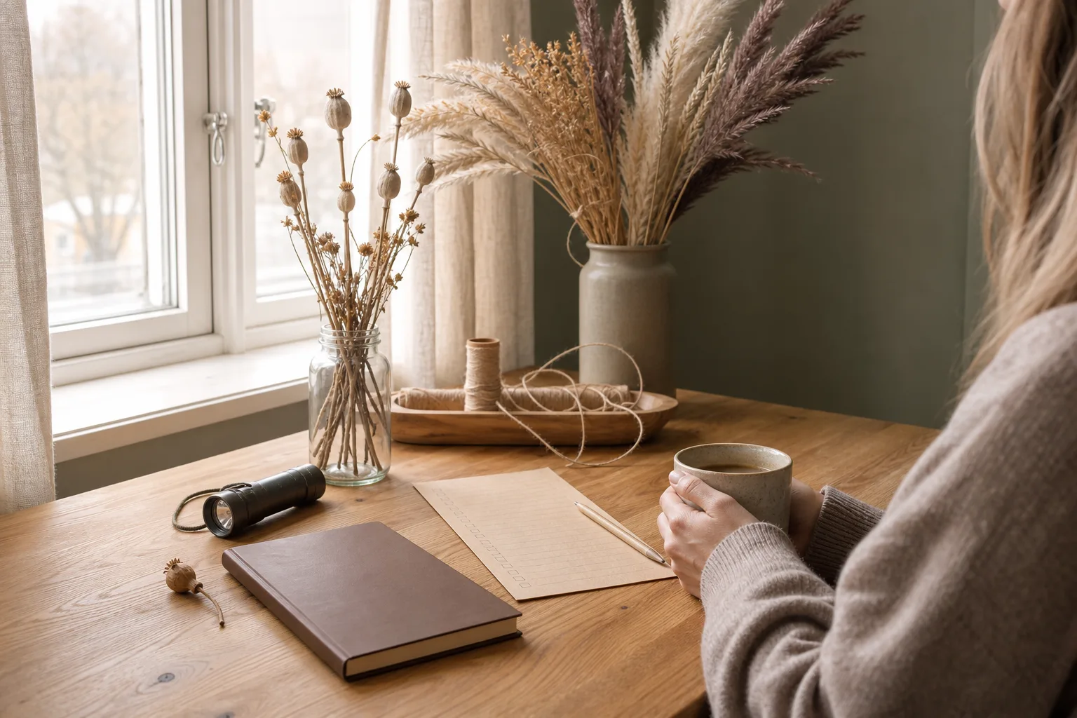 Skrivbord med checklista kaffe och vallmokapsel