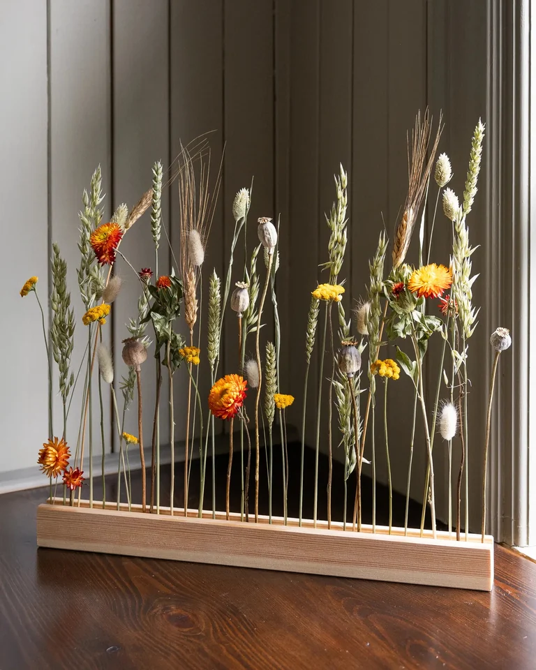 Blomlist med torkade blommor i orange och gula hösttoner