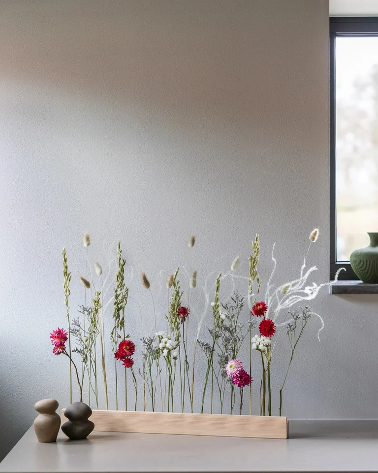 Blomlist med torkade blommor i rosa och rött