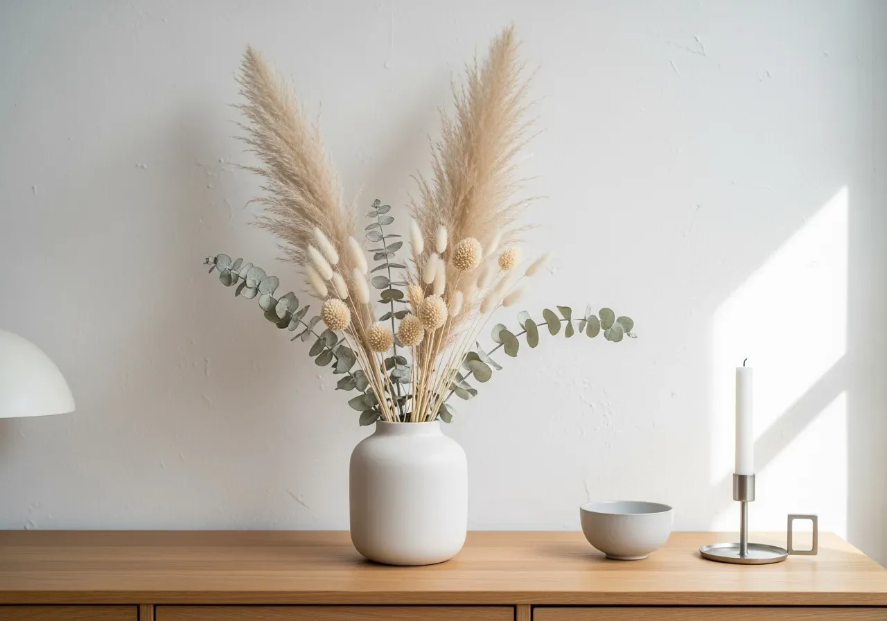 Blomlister med torkade blommor på vägg