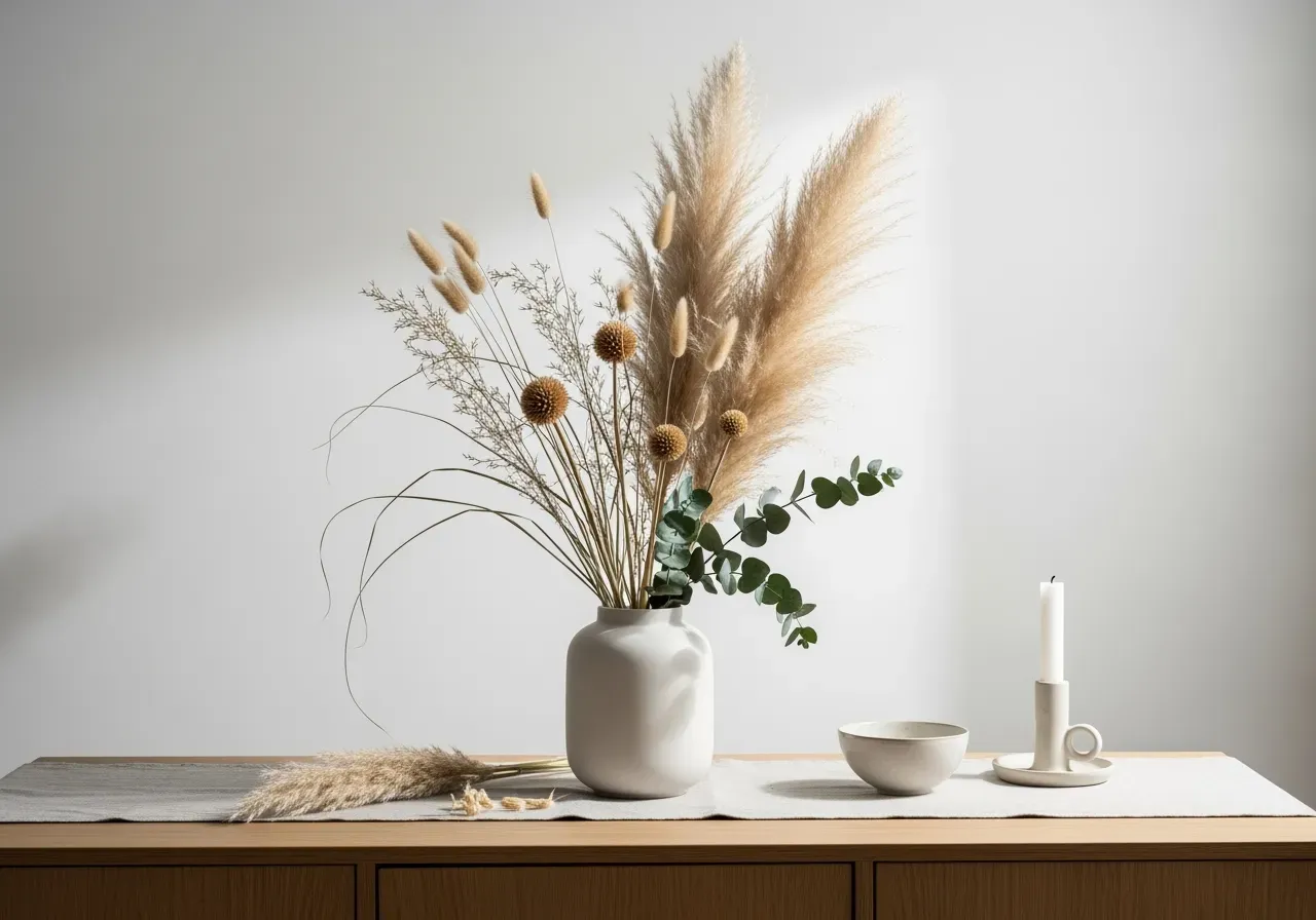 Kvartsbunt lin och pampas i vas