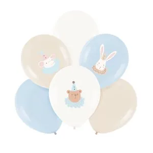 Ballongbukett - Söta djur - Ljusblå/Vit/Nude - 6 st